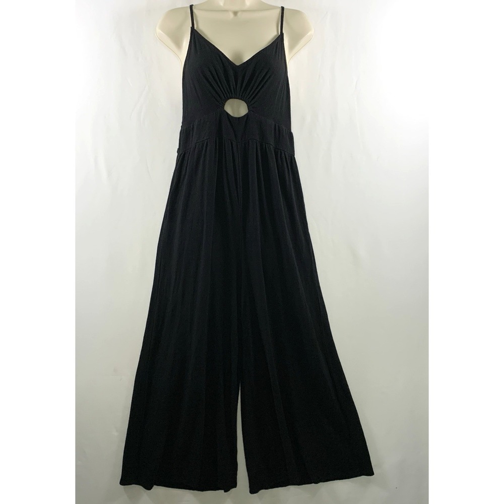 Womens Keyhole Smocked Wide Leg Jumper Sz L Black Boho Chic Coastal Minimalist
